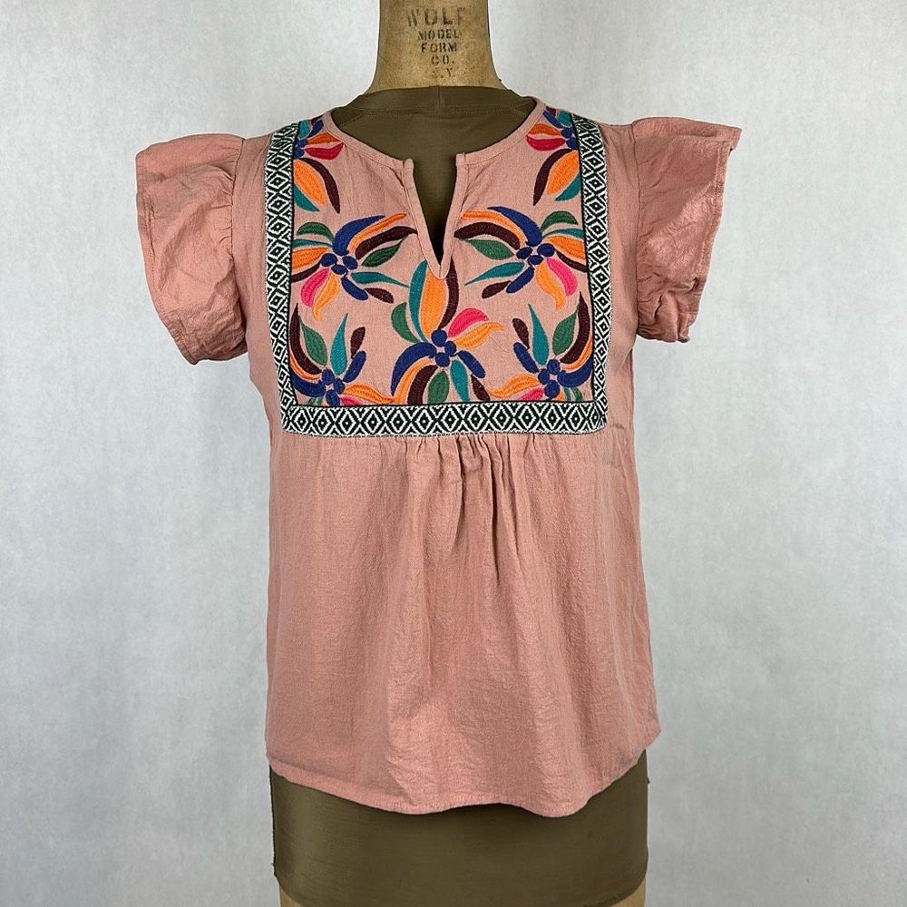 Embroiered Ruffle Sleeve Top Sz Medium Mexican Floral L Love Boutique Brand